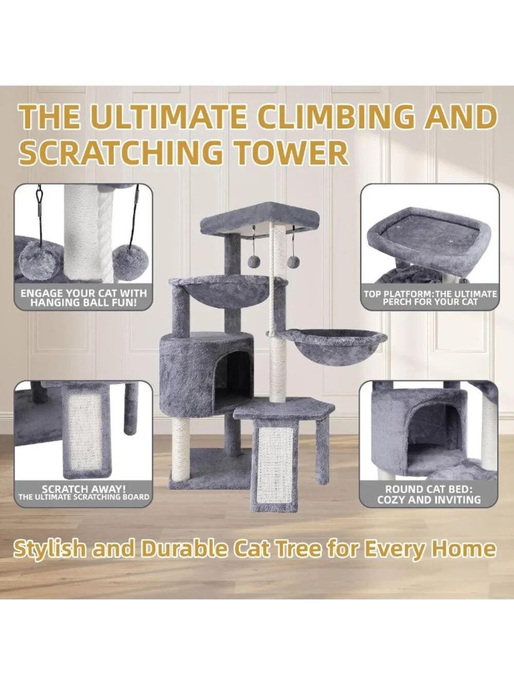 Cozy Three-Tier Cat Tree with Condo & Two Hammocks - Stylish Grey Cat Furniture